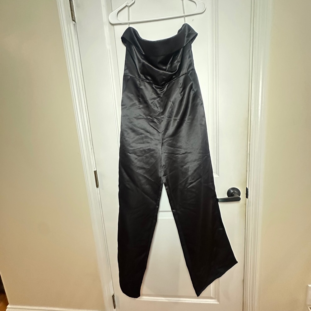 Le Lis Collection Black Satin Strapless Wide Leg Jumpsuit Small Off Shoulder
